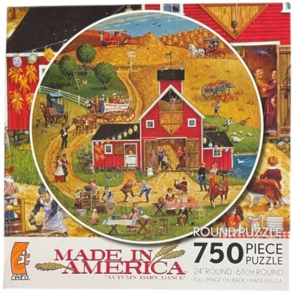 NIB ROUND JIGSAW PUZZLE 750 piece Fall season Bob Pettes Americana harvest scene - Picture 2 of 11